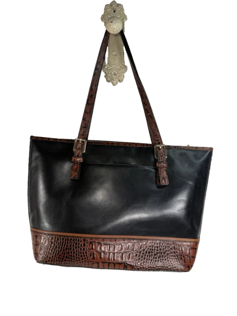 BRAHMIN Croc Embossed Leather Handbag Tote Purse Charms Black Brown
